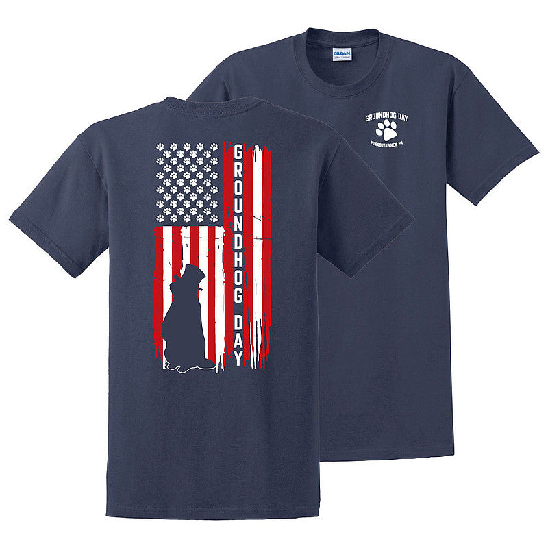 Adult Groundhog Paw & Flag T-Shirt - Navy-Groundhog Stuff