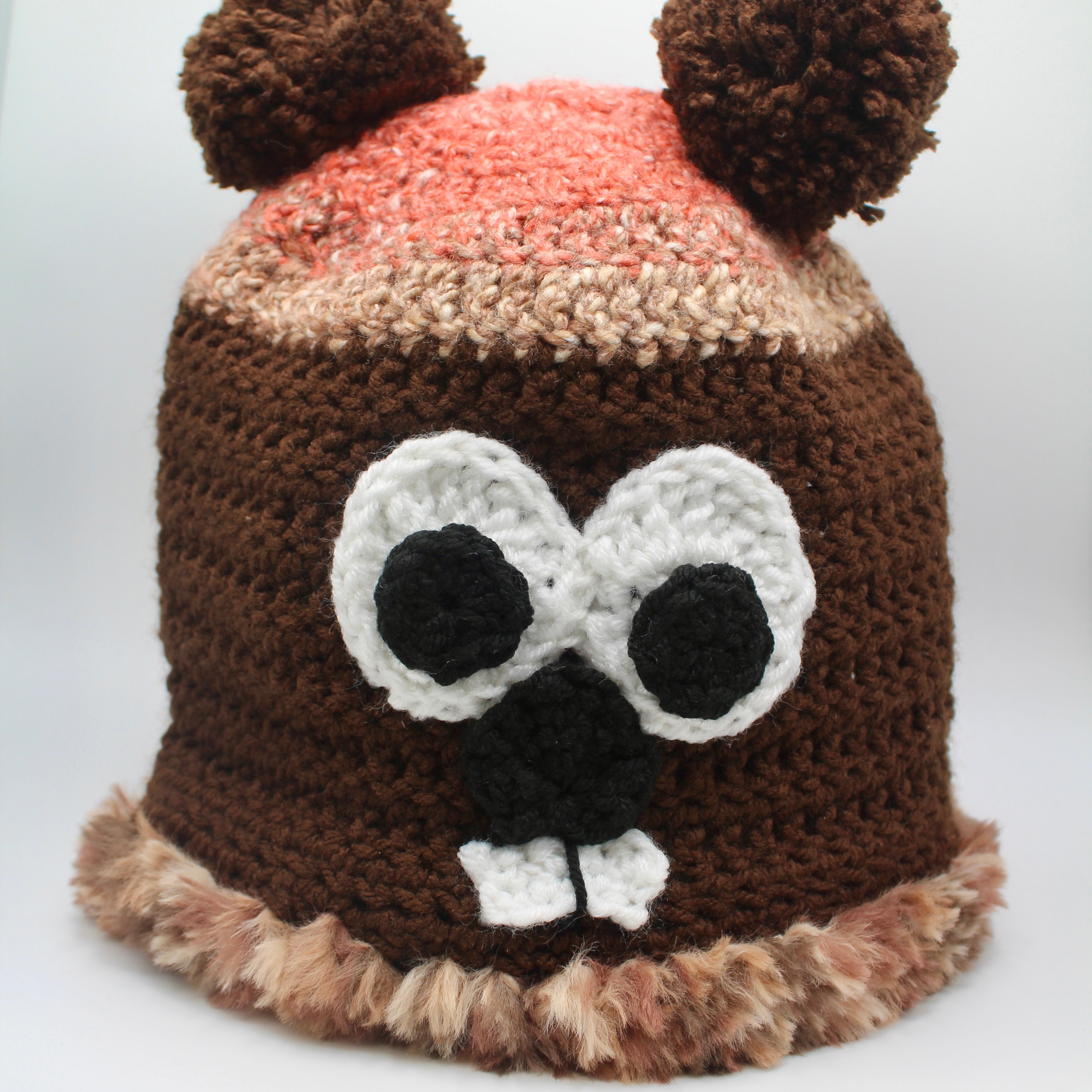 Adult Handknit Groundhog Hat with Fur Trim-Groundhog Stuff