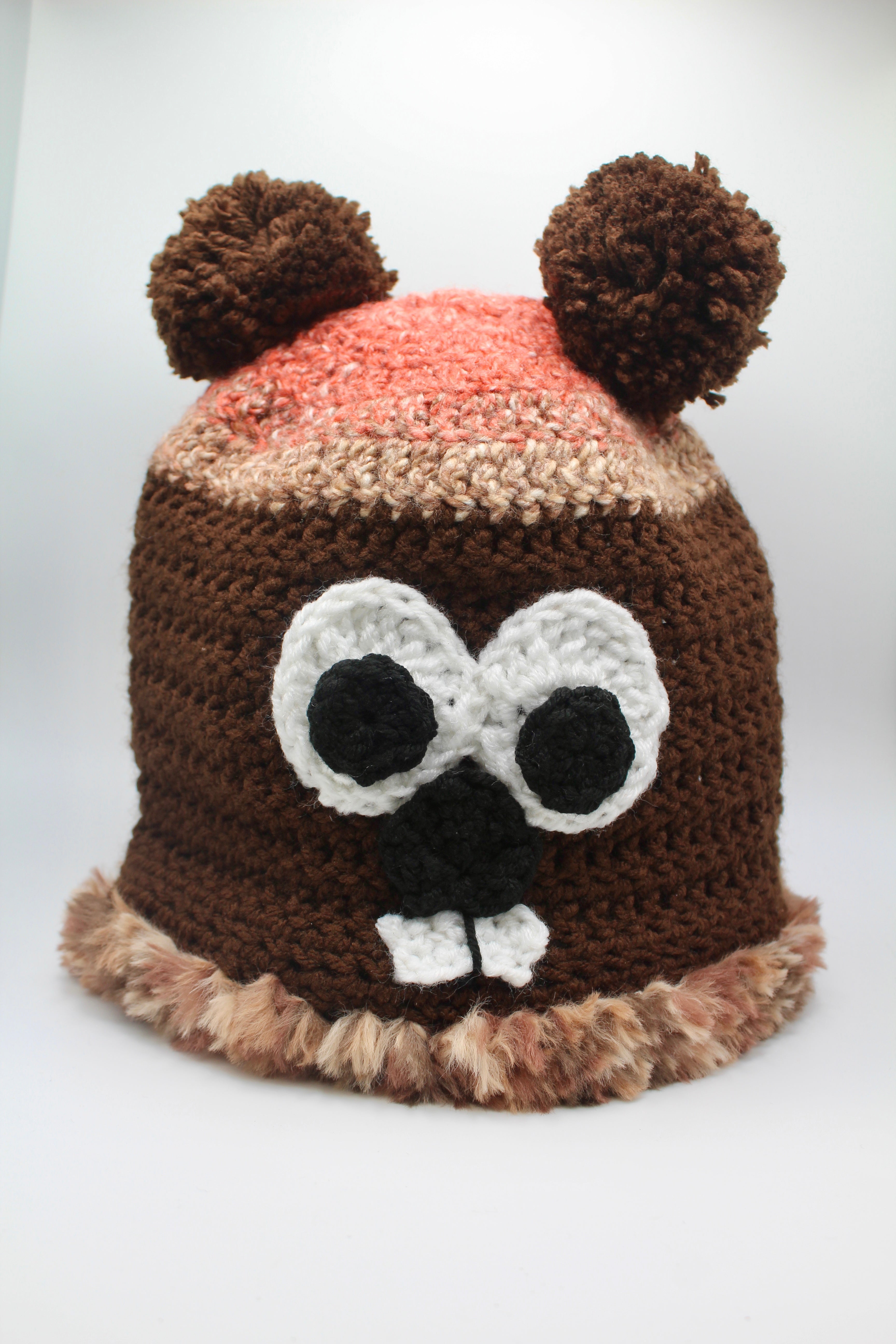Adult Handknit Groundhog Hat with Fur Trim-Groundhog Stuff