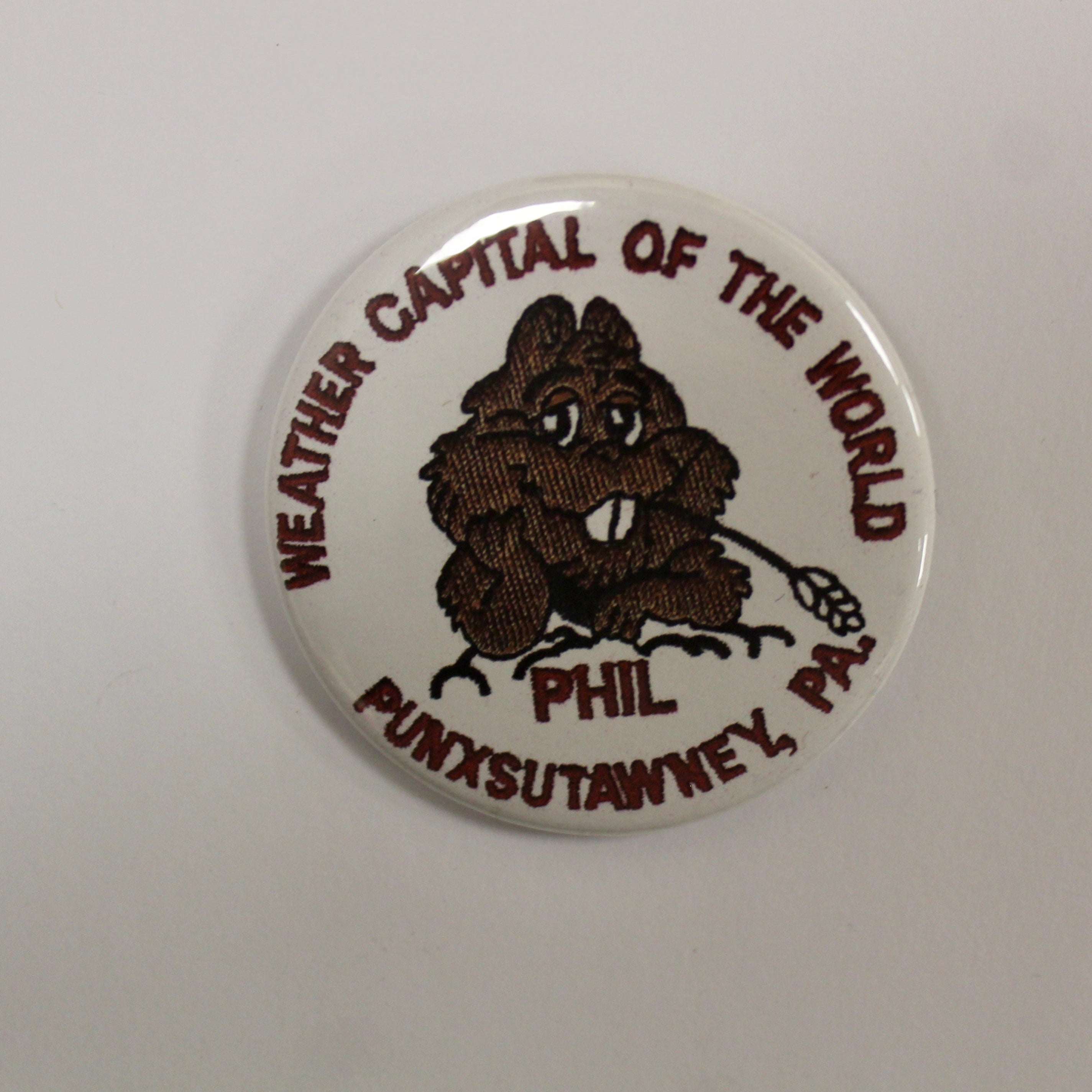 Weather Capital of the World Pin - White with Red Text-Groundhog Stuff
